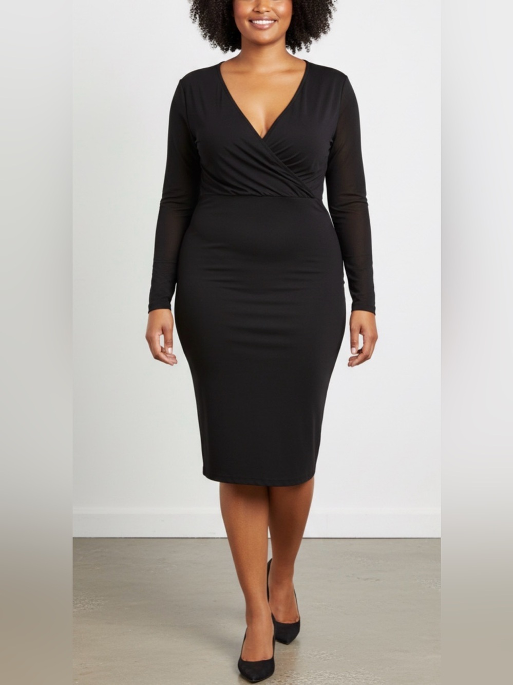 NWT Marina Rinaldi Black Faux Wrap Dress 2XL Plus Goth Coquette LBD Mesh Midi